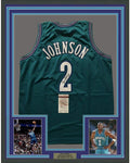 Framed Autographed/Signed Larry Johnson 35x39 Charlotte Teal Basketball Jersey JSA COA