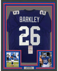 Framed Autographed/Signed Saquon Barkley 35x39 New York Blue Football Jersey JSA COA
