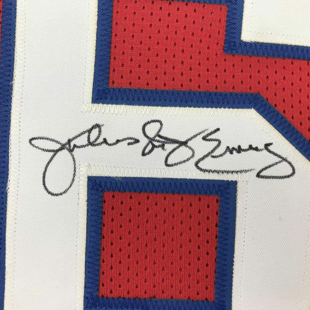 Framed Autographed/Signed Julius Erving Dr. J 35x39 Philadelphia Red Basketball Jersey JSA COA