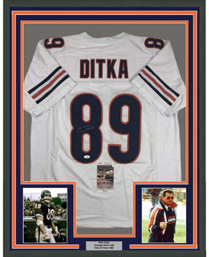 Framed Autographed/Signed Mike Ditka 35x39 Chicago White Football Jersey JSA COA