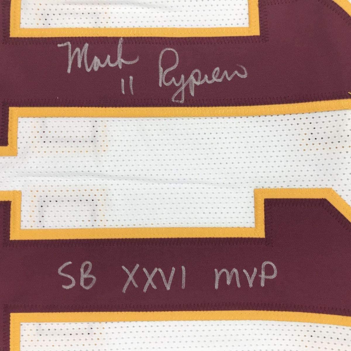 Framed Autographed/Signed Mark Rypien SB XXVI MVP 35x39 Washington White Football Jersey JSA COA