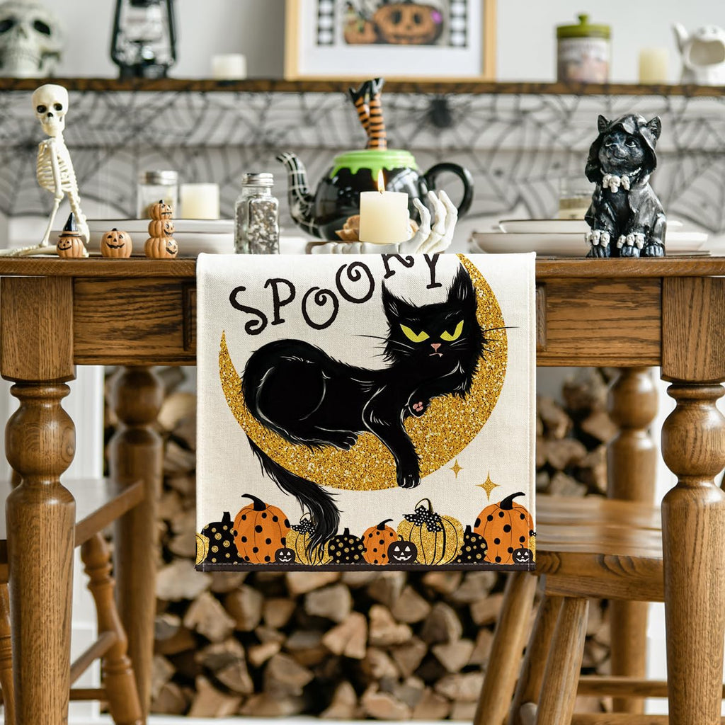 Artoid Mode Halloween Table Runner Black Cat Pumpkins Moon 13x72 Inch Beige