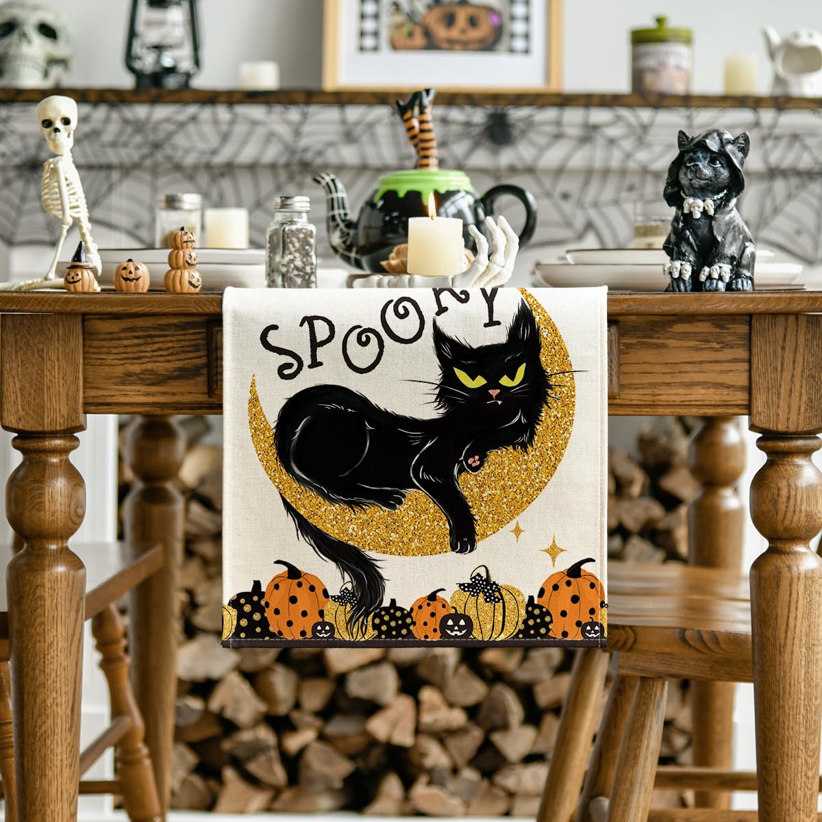 Artoid Mode Halloween Table Runner Black Cat Pumpkins Moon 13x72 Inch Beige