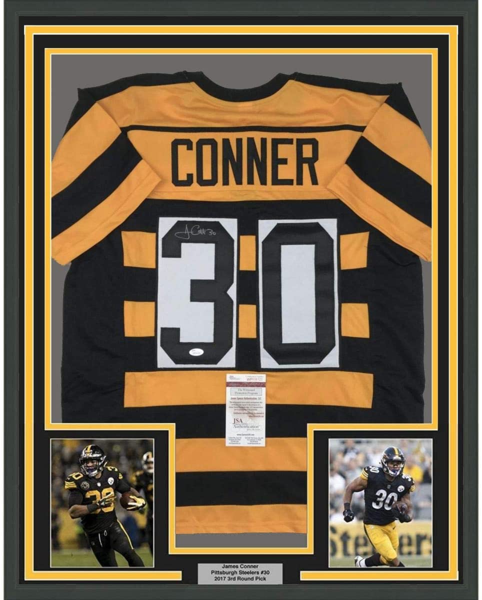 Framed Autographed/Signed James Conner 35x39 Pittsburgh Bumble Bee Football Jersey JSA COA