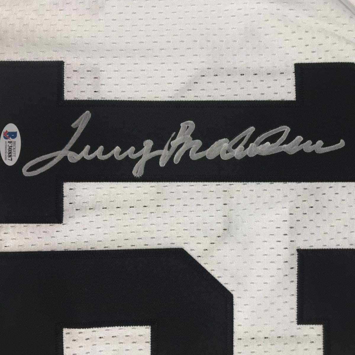 Framed Autographed/Signed Terry Bradshaw 35x39 Pittsburgh White Football Jersey Beckett BAS COA