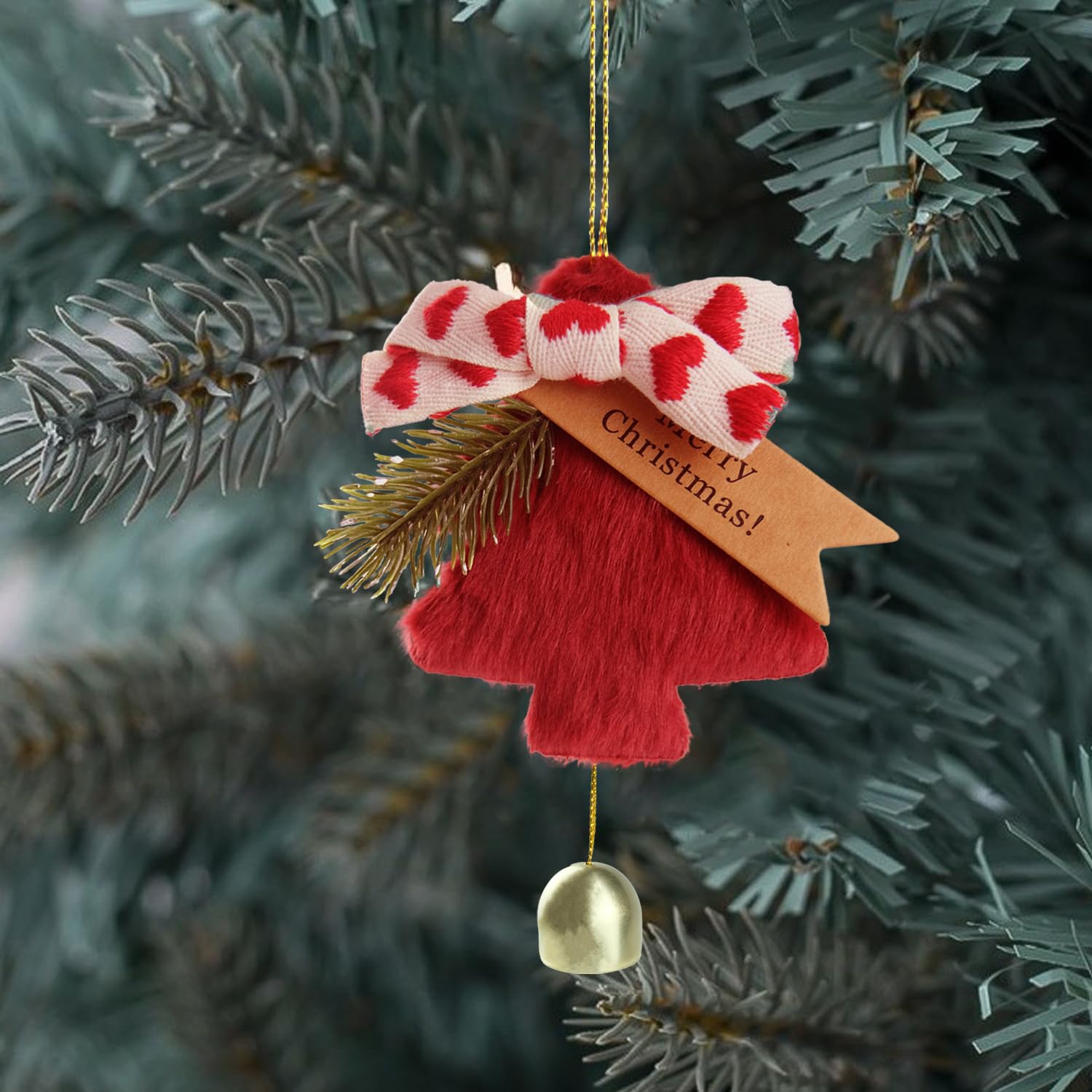 DILAGG Christmas Decorations Fuzzy Tree Ornaments Plush Pendant Gold Bell Red