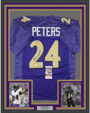 Framed Autographed/Signed Marcus Peters 35x39 Baltimore Color Rush Football Jersey JSA COA
