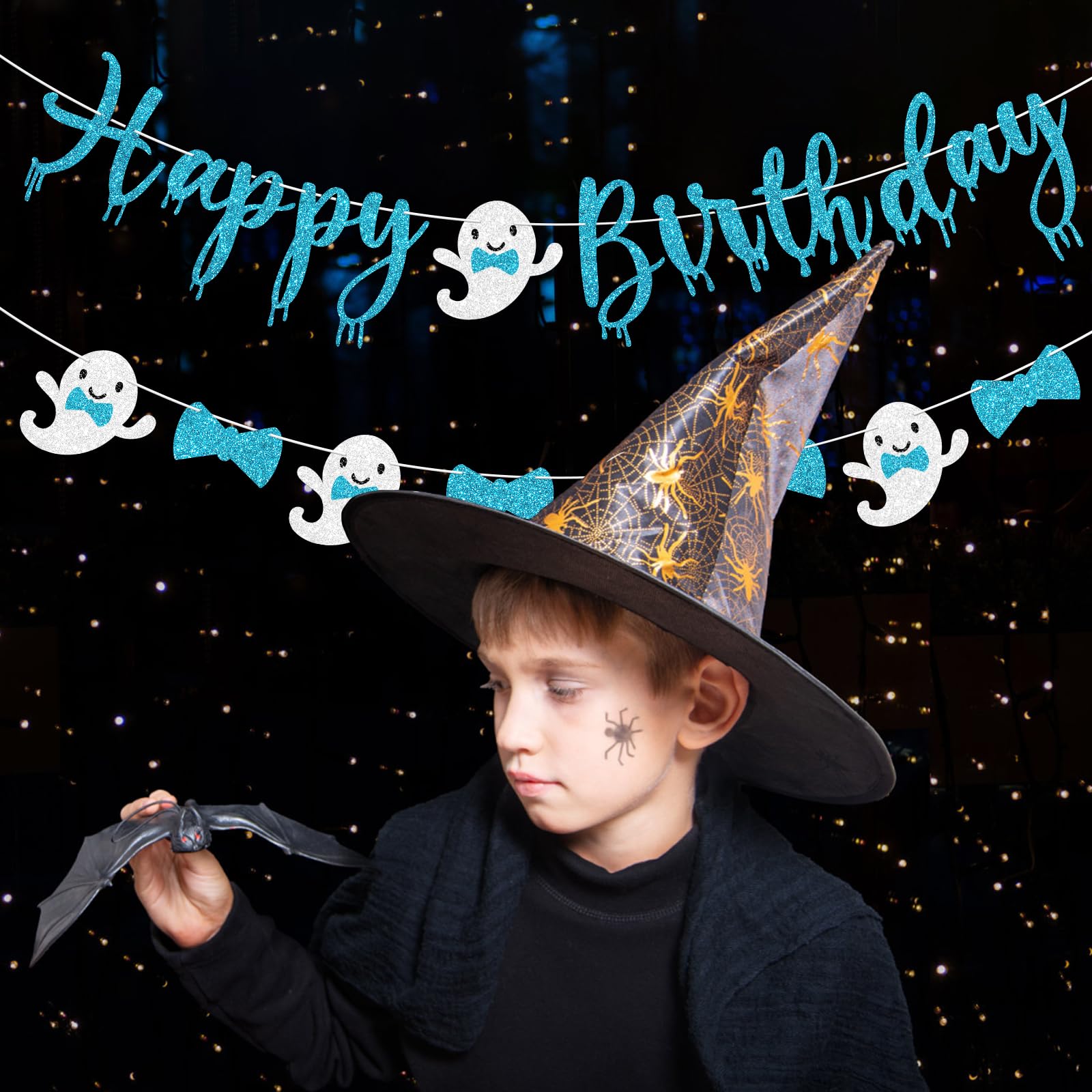 Vofrise Blue Halloween Birthday Banner Glitter Bow Tie Ghost Garland