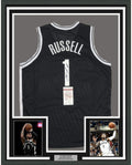 Framed Autographed/Signed D'Angelo Russell 35x39 Brooklyn Black Basketball Jersey JSA COA
