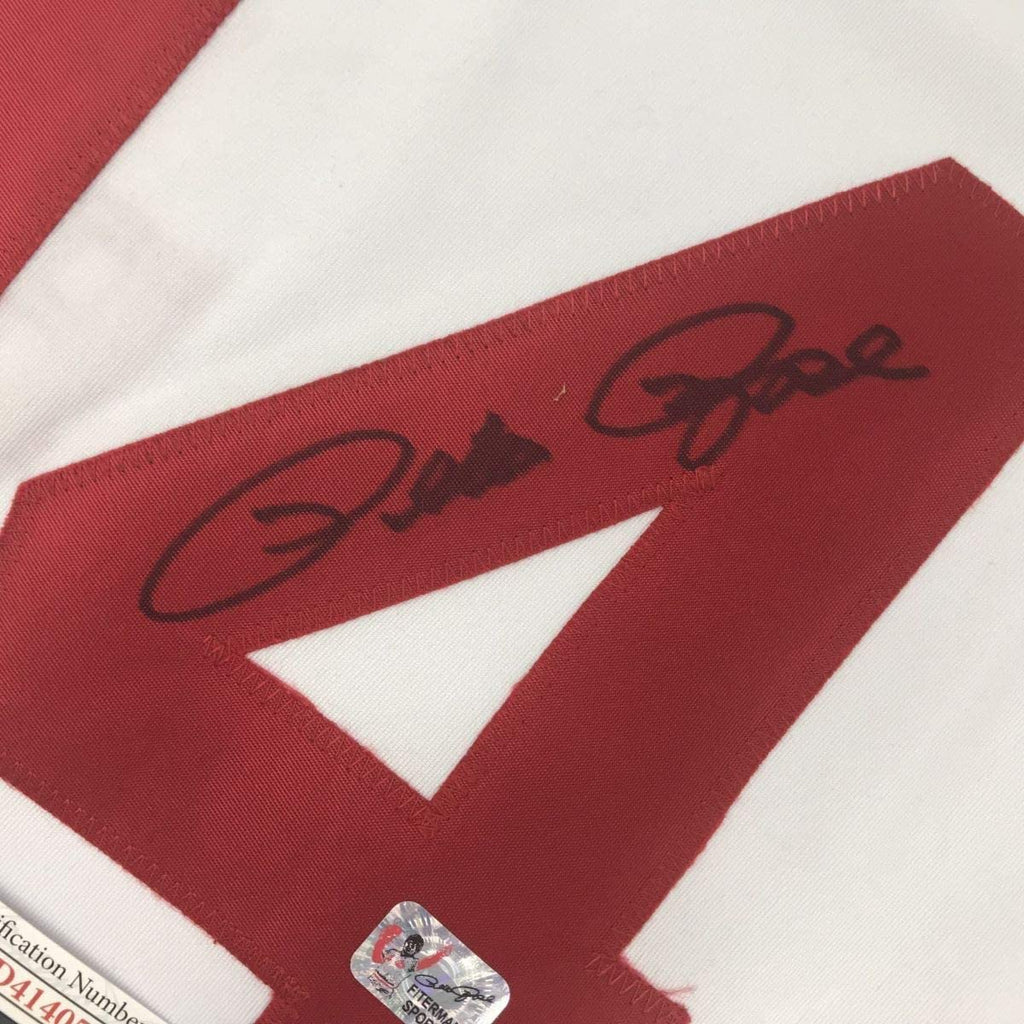 Framed Autographed/Signed Pete Rose Hit King 35x39 Cincinnati White Baseball Jersey JSA COA