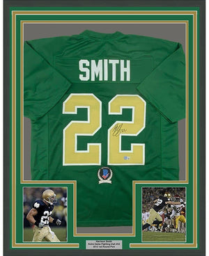 Framed Autographed/Signed Harrison Smith 35x39 Notre Dame Green College Football Jersey Beckett BAS COA