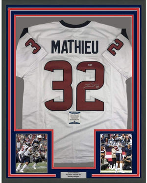 Framed Autographed/Signed Tyrann Mathieu 35x39 Houston White Football Jersey Beckett BAS COA