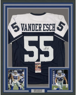 Framed Autographed/Signed Leighton Vander Esch 35x39 Dallas Thanksgiving Day Football Jersey JSA COA