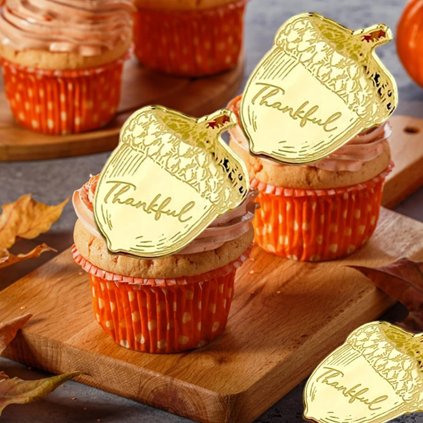mdgfge 20Pcs Thanksgiving Gold Chestnut Acrylic Cupcake Toppers Decor