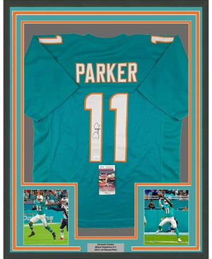 Framed Autographed/Signed Devante Parker 35x39 Miami Teal Football Jersey JSA COA