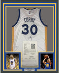 Framed Autographed/Signed Stephen Steph Curry 35x39 Golden State White Basketball Jersey JSA COA/LOA