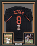 Framed Autographed/Signed Cal Ripken Jr. 35x39 Baltimore Black Baseball Jersey JSA COA