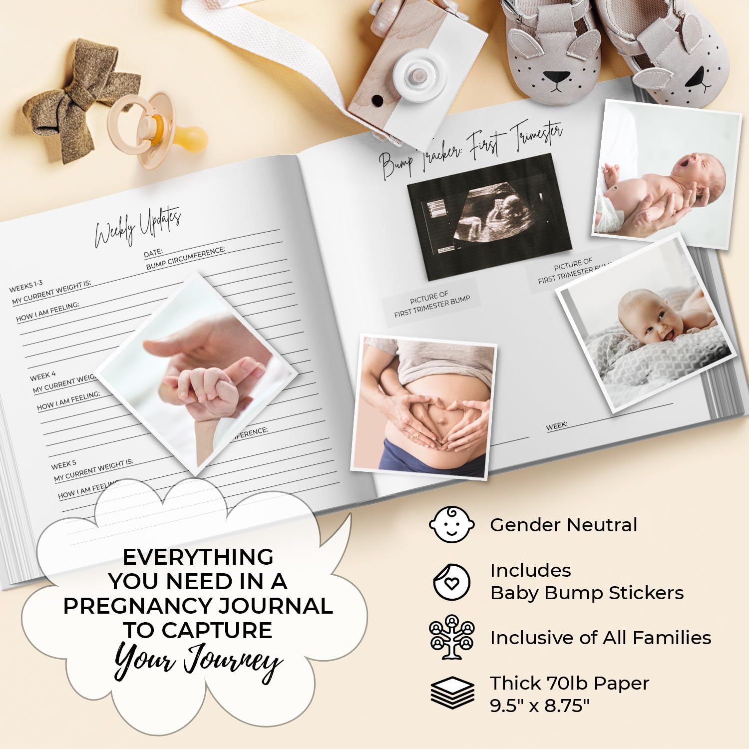 LUMOSX Pregnancy Journal Memory Book Baby Bump Stickers Beige Gender Neutral