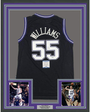 Framed Autographed/Signed Jason Williams 35x39 Sacramento Black Basketball Jersey Beckett BAS COA