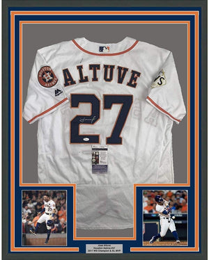 Framed Autographed/Signed Jose Altuve 35x39 Houston White Baseball Jersey JSA COA