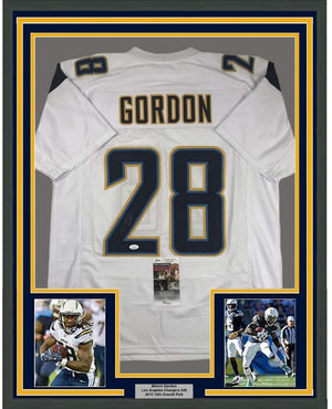 Framed Autographed/Signed Melvin Gordon 35x39 Los Angeles LA White Football Jersey JSA COA