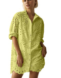 AIHUKOCY Women Hollow Out Button Down V Neck Long Sleeve Mini Dress Yellow M