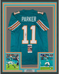 Framed Autographed/Signed Devante Parker 35x39 Miami Retro Teal Football Jersey JSA COA