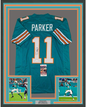 Framed Autographed/Signed Devante Parker 35x39 Miami Retro Teal Football Jersey JSA COA