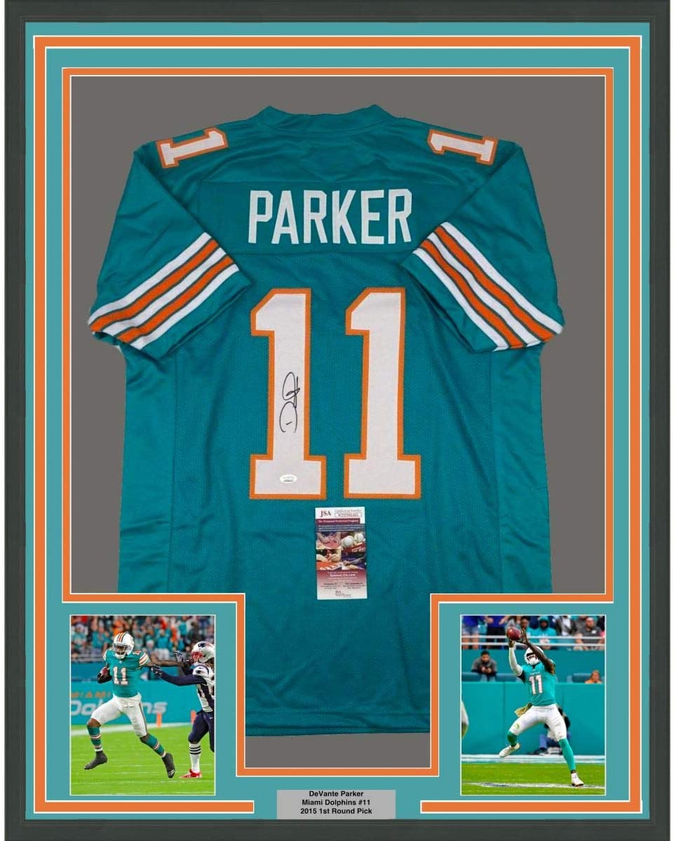 Framed Autographed/Signed Devante Parker 35x39 Miami Retro Teal Football Jersey JSA COA
