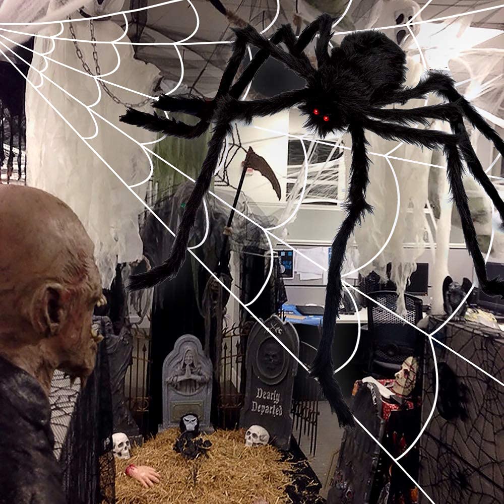 OCATO 200" Halloween Spider Web + 59" Giant Spider Decorations Black