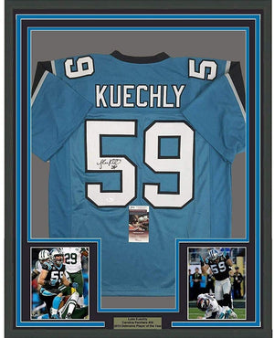 Framed Autographed/Signed Luke Kuechly 35x39 Carolina Blue Football Jersey JSA COA