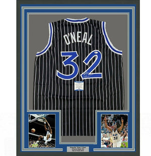 Framed Autographed/Signed Shaquille Shaq O'Neal 35x39 Orlando Black Pinstripe Basketball Jersey Beckett BAS COA