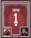 Framed Autographed/Signed Nick Saban Roll Tide 35x39 Alabama Red College Football Jersey Beckett BAS COA