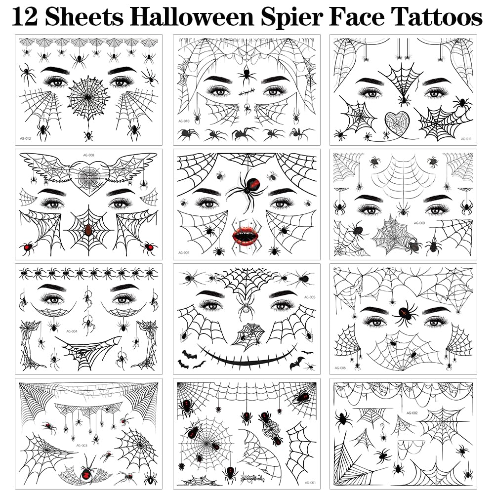 FANOST 22 Halloween Spider Face Temporary Tattoos Kids Adults Cosplay Stickers