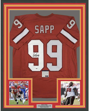 Framed Autographed/Signed Warren Sapp 35x39 Tampa Bay Orange Retro Football Jersey PSA/DNA COA
