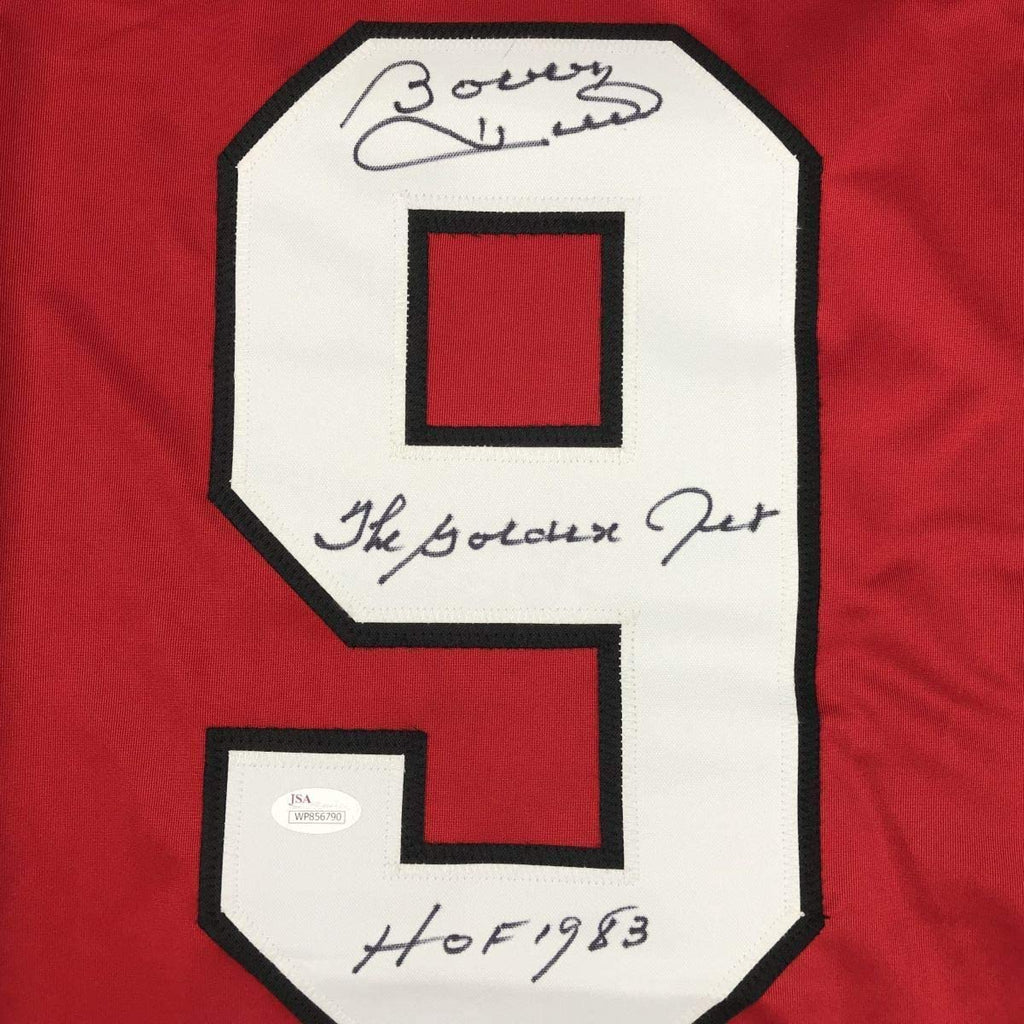 Framed Autographed/Signed Bobby Hull HOF 1983 The Golden Jet 35x39 Chicago Red Hockey Jersey JSA COA