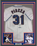 Framed Autographed/Signed Mike Piazza 35x39 New York NY White Baseball Jersey Beckett BAS COA