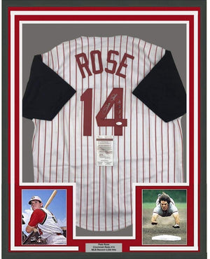Framed Autographed/Signed Pete Rose 4256 35x39 Cincinnati Pinstripe Baseball Jersey JSA COA
