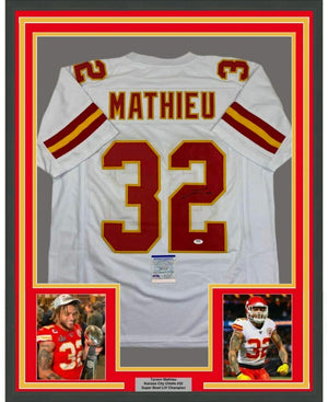Framed Autographed/Signed Tyrann Mathieu 35x39 Kansas City White Football Jersey PSA/DNA COA