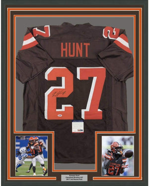 Framed Autographed/Signed Kareem Hunt 35x39 Cleveland Brown Football Jersey PSA/DNA COA