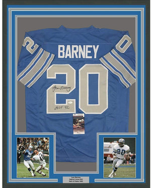 Framed Autographed/Signed Lem Barney HOF 92 35x39 Detroit Blue Football Jersey JSA COA