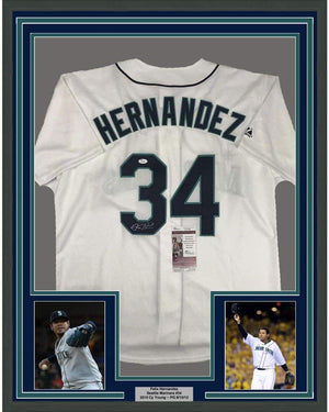 Framed Autographed/Signed Felix Hernandez 35x39 Seattle White Baseball Jersey JSA COA