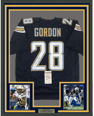Framed Autographed/Signed Melvin Gordon 35x39 Los Angeles LA Dark Blue Football Jersey JSA COA
