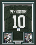 Framed Autographed/Signed Chad Pennington 35x39 New York Green Football Jersey Beckett BAS COA