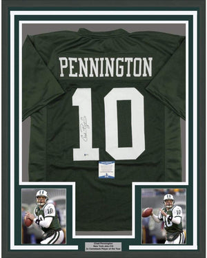 Framed Autographed/Signed Chad Pennington 35x39 New York Green Football Jersey Beckett BAS COA