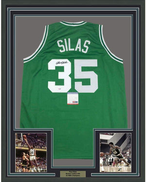 Framed Autographed/Signed Paul Silas 35x39 Boston Green Basketball Jersey PSA/DNA COA