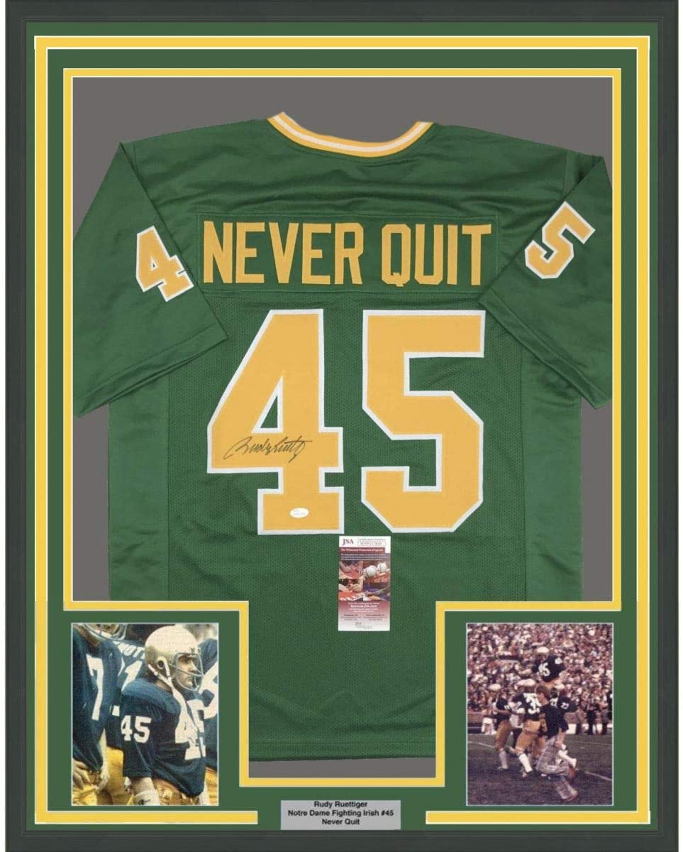Framed Autographed/Signed Rudy Ruettiger 35x39 Never Quit Notre Dame Green College Football Jersey JSA COA
