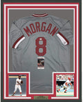 Framed Autographed/Signed Joe Morgan HOF 90 35x39 Cincinnati Grey Baseball Jersey JSA COA