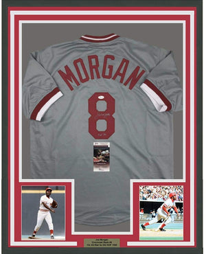 Framed Autographed/Signed Joe Morgan HOF 90 35x39 Cincinnati Grey Baseball Jersey JSA COA