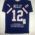 Autographed/Signed Jim Kelly Buffalo Blue Stat Football Jersey JSA COA